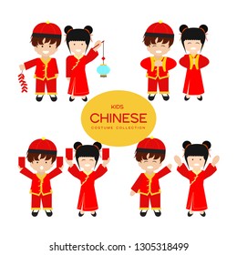 Chinese Kids With Costume Collection Set ISolated On White Background