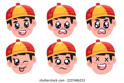 Chinese kids facial expression emoticon with eyes and mouth collection of vector children from china cartoon isolated illustration
