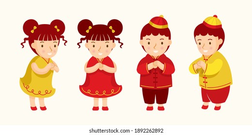 Chinese Kids Greeting or Pay Respect Characters in Traditional clothes Red and Gold Color