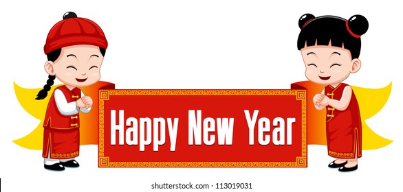 Chinese Kids with Happy New Year sign