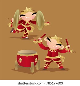 Chinese kids playing drum and cymbals