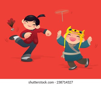 Chinese kids playing shuttlecock and bamboo dragonfly