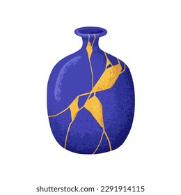 Chinese Kintsugi art. Ceramic vase in Asian oriental style. Eastern reborn repaired broken pottery, porcelain decorated with golden lines pattern. Flat vector illustration isolated on white background