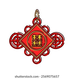 Chinese Knot Ornament Illustration, A decorative red knot with the "Double Happiness" symbol, representing good luck and unity.