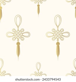 Patrón sin costuras dorado de nudos chinos. Símbolo dibujado a mano de la buena suerte. Ilustración vectorial para el diseño de superficies, textiles, web o impresión.