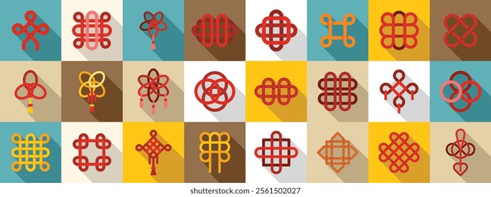 Chinese knots icons set. Colorful chinese knots representing luck, prosperity and longevity are displayed with long shadows