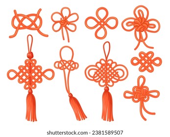 Chinese knots. Japanese knot stencil, traditional asian lucky auspicious symbol china endless ornament knotted ribbon, feng shui typical decoration element vector illustration of asian knot design