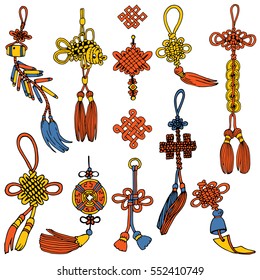 Chinese Knots Set. Symbol of Good Luck. Hand Drawn illustration.