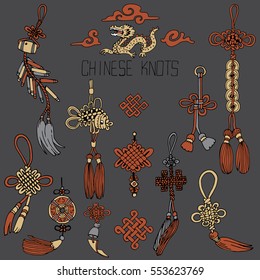 Chinese Knots Set. Symbol of Good Luck. Hand Drawn illustration.