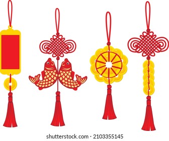 Chinese knots.Traditional lucky knot tassel hanging mascot decoration with gold and jade disks isolated on white vector background illustration