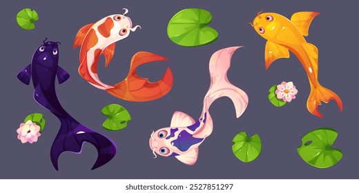 Chinesischer Koi Karpfenfisch für Teichwasser Draufsicht. Japan Goldfisch und Wasserlilie Blüte orientalische Illustration. Asiatische Blüte Schwimmen, grünes Blatt für Fluss traditionelles Set. Marine Animal Art Digital Design