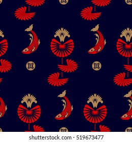 Chinese Koi carp vector pattern with fish and water plants.