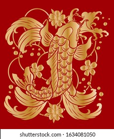Chinese koi fish carp with cherry blossom and Japanese wave for tattoo design.Idea for printing on shirt.koi carp with sakura flower vector for painting on white isolated background.wealth and rich.