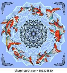 Chinese koi fishes swimming around lotus flower, hand drawn vector illustration.