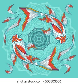 Chinese koi fishes swimming around lotus flower, hand drawn vector illustration.