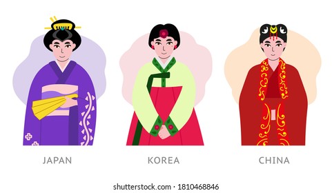 Chinese, Korean and Japanese woman in national dress, traditional costume, ethnic clothes. China. South Korea. Japan.  Hand drawn character. Vector flat illustration. 