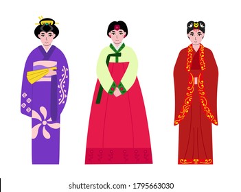 Chinese, Korean and Japanese women in national dress, traditional costume, ethnic clothes. China, South Korea, Japan.  Hand-drawn characters. Vector flat illustration. 