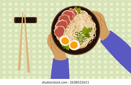Chinese or Korean ramen noodles with bacon and egg. Asian cuisine. Delicious Japanese food. Top view