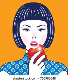 Chinese Lady eating an apple in retro style. Vector, illustration
