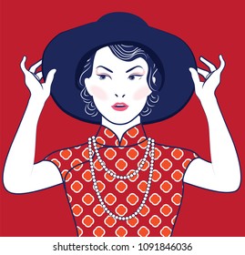 Chinese Lady with her hat. Vector, illustration