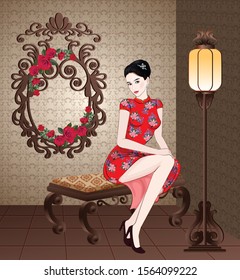 Chinese lady in red dress sitting on the bench in luxury room - vector