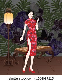 Chinese lady in red dress standing in luxury room on purple orchid background- vector