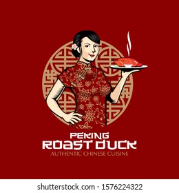 Chinese Lady And Roast Duck  Vector Illustration