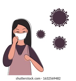 Chinese Lady Vector Wearing Protection Mask For Protect Coronavirus Flu Created With China. Woman Feeling Unwell. Illustration Vector Icon Eps10 Icon