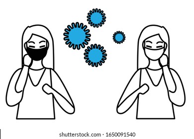 Chinese lady vector wearing protection mask for protect corona virus flu created with china. Woman feeling unwell. Illustration vector icon eps10 icon