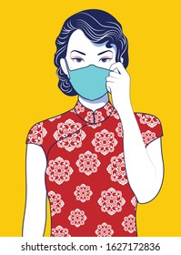 Chinese Lady Wearing Mask Protect Fine Dust In Air Pollution Environment Or Protect Against The Flu  - People With Protection Equipment For Air Pollution Concept. Vector, Illustrator