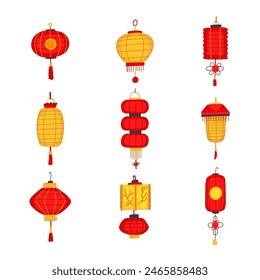 chinese lamp set cartoon. china red, year new, festival paper chinese lamp sign. isolated symbol vector illustration