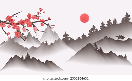 Chinese landscape painting. Oriental asian background with foggy mountains and sakura blossom branch vector illustration of asian landscape nature