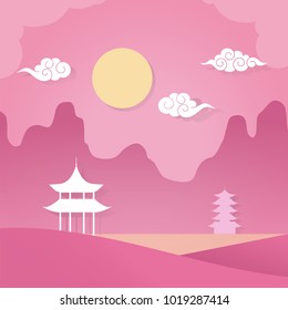 Chinese landscape in paper cut style. Pagoda and mountians on pink background.