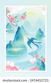 Chinese Landscape with Swallows Stamp Frame