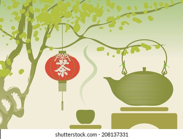 Chinese landscape with a tree, a kettle and tea hieroglyph