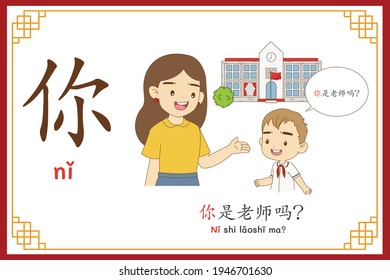 Chinese language alphabet “ni” with "Are you a teacher" text in chinese language and pinyin spelling (Chinese vocabulary for HSK1