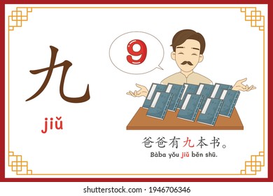 Chinese language alphabet “jiu” with "Dad has 9 books." text in chinese language and pinyin spelling (Chinese vocabulary for HSK1)