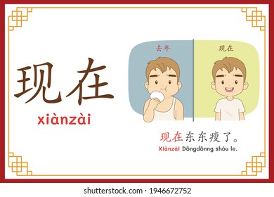Chinese language alphabet “xianzai” with "Dong Dong is skinny now." text in chinese language and pinyin spelling (Chinese vocabulary for HSK1)