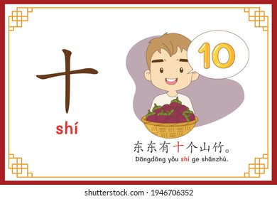 Chinese language alphabet “shi” with "Dong Tong has 10 mangosteen." text in chinese language and pinyin spelling (Chinese vocabulary for HSK1)