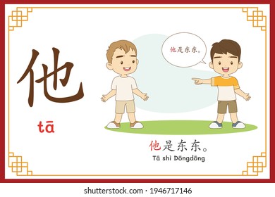 Chinese language alphabet “ta” with "He is Dong Tong." text in chinese language and pinyin spelling (Chinese vocabulary for HSK1)