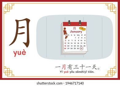 Chinese language alphabet “yue” with "January 31 days" text in chinese language and pinyin spelling (Chinese vocabulary for HSK1)