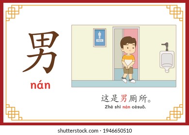 Chinese language alphabet “nan” with "This is the male toilet" text in chinese language and pinyin spelling (Chinese vocabulary for HSK2)