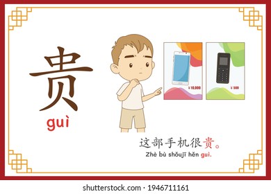 Chinese language alphabet “gui” with "This phone is very expensive." text in chinese language and pinyin spelling (Chinese vocabulary for HSK2)