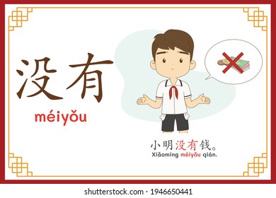 Chinese language alphabet “meiyou” with "Xiao Ming had no money." text in chinese language and pinyin spelling (Chinese vocabulary for HSK1