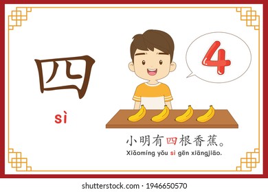 Chinese language alphabet “si” with "Xiao Ming had 4 bananas." text in chinese language and pinyin spelling (Chinese vocabulary for HSK1)