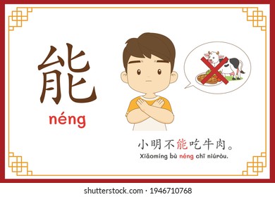 Chinese language alphabet “neng” with "Xiao Ming couldn't eat beef." text in chinese language and pinyin spelling (Chinese vocabulary for HSK1)