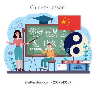 Concepto de aprendizaje del idioma chino. Curso de chino en la escuela de idiomas. Estudiar idiomas extranjeros con hablante nativo. Idea de comunicación global. Ilustración vectorial en estilo de caricatura