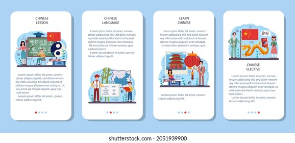 Juego de banners de aplicaciones móviles de aprendizaje en chino. Curso de chino en la escuela de idiomas. Estudiar idiomas extranjeros con hablante nativo. Idea de comunicación global. Ilustración plana del vector