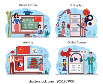 Chinese Language Learning Online Service Or Platform Set. Language School Chinese Course. Study Foreign Languages With Native Speaker. Online Lesson, Test, Course, Website. Flat Vector Illustration