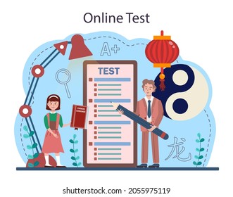 Chinese Language Learning Online Service Or Platform. Language School Chinese Course. Study Foreign Languages With Native Speaker. Online Test. Flat Vector Illustration